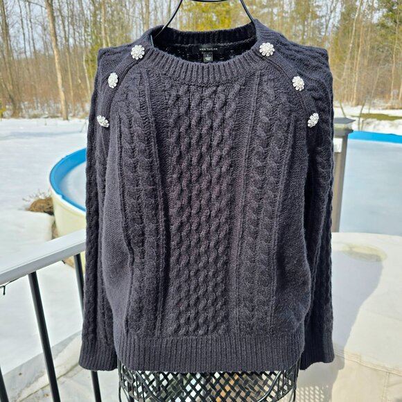 Ann Taylor Black cableknit Sweater with Rhinestone Floral Accent, size L, EUC - Picture 4 of 9